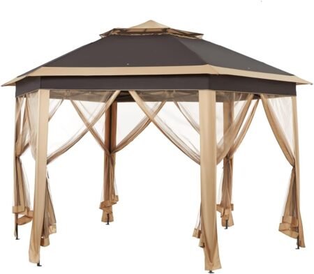 Khaki/Brown Hexagonal Pop-Up Gazebo with Double Tiers & Netting