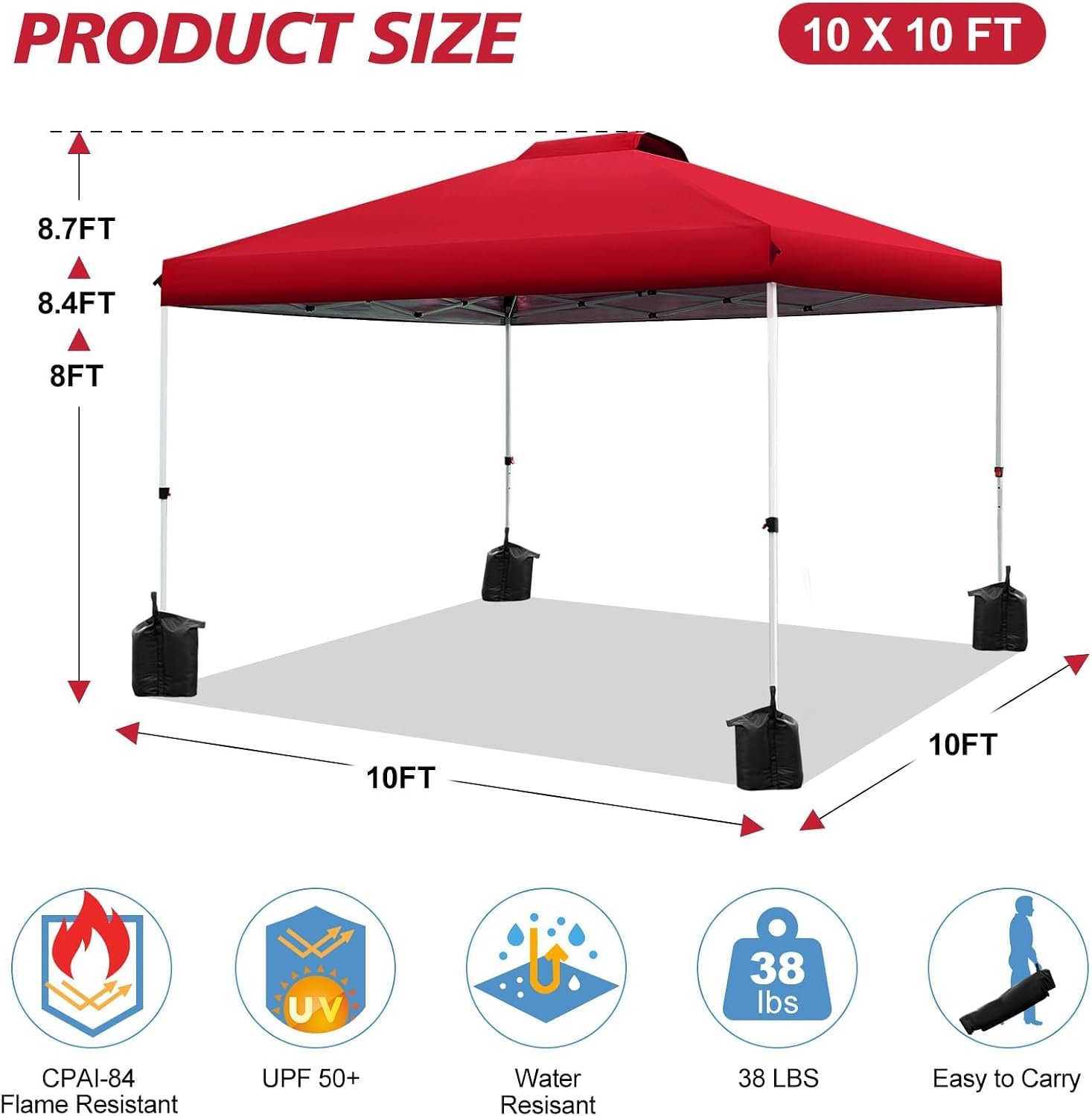 Red Pop-Up Canopy Tent One-Button Setup Adjustable Height - Image 2