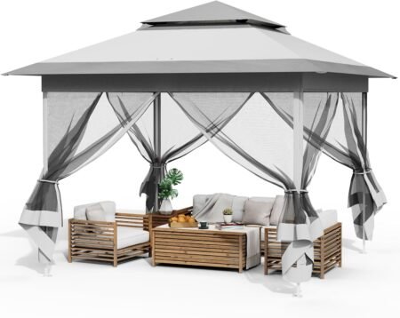 Grey Pop-Up Gazebo Tent with Netting & Metal Frame