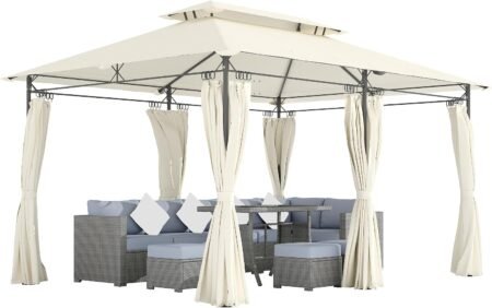 Cream White Double Roof Patio Gazebo with Curtains