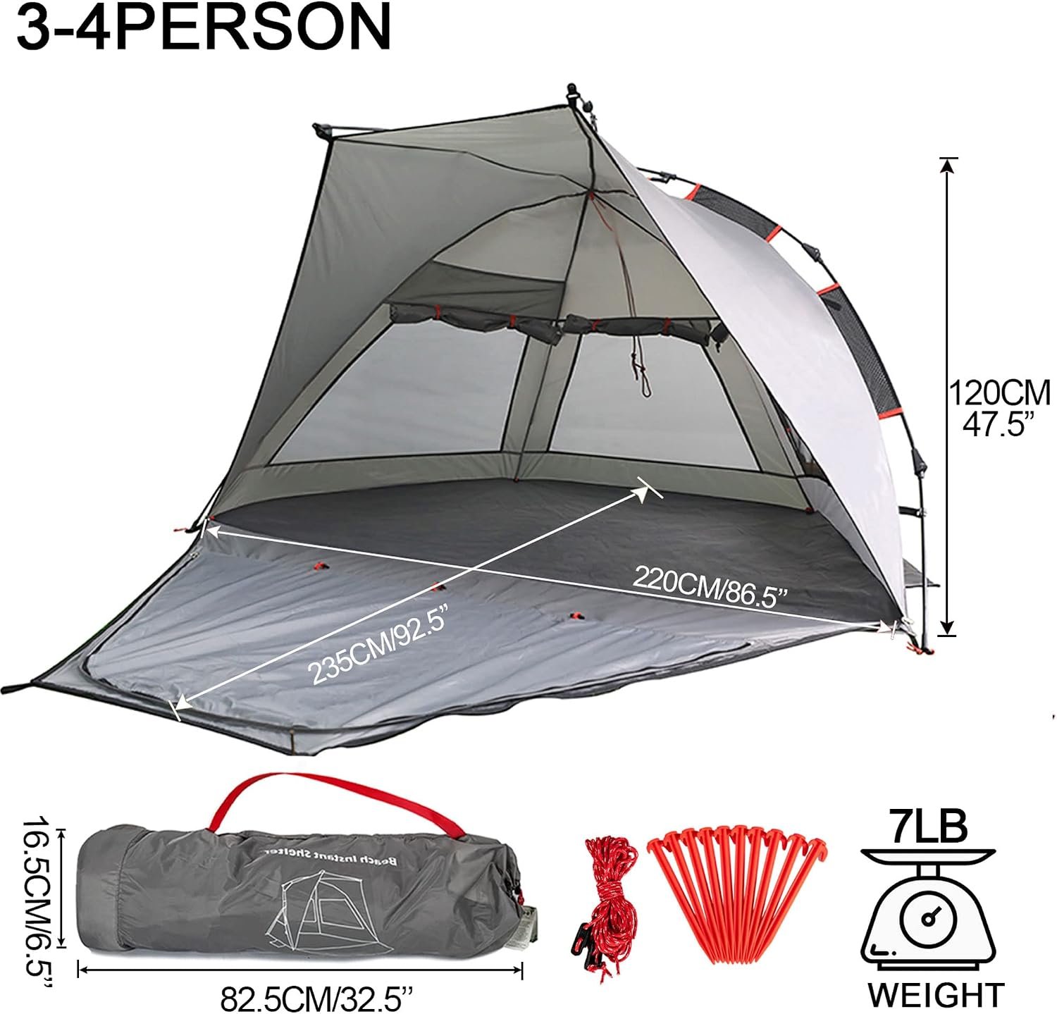 3-4 Person Pop-Up Beach Sun Shelter with Extended Floor - Image 2