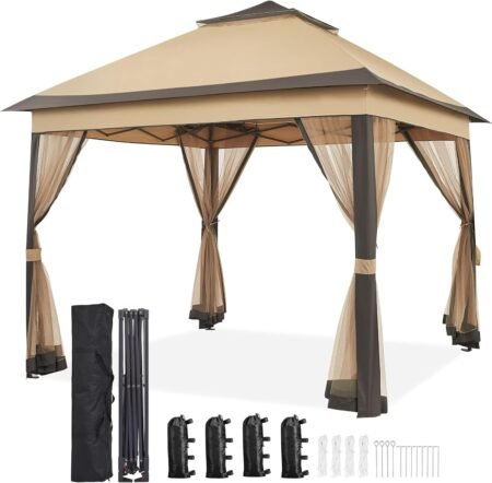 Khaki Pop-Up Gazebo with Double Tiers & Mesh Netting