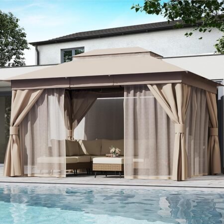 Khaki Heavy-Duty Patio Gazebo with Double Roofs & Mosquito Nets